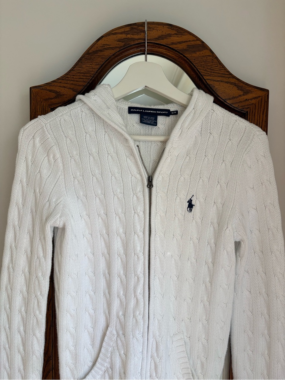Vintage Ralph Lauren Sport White Cotton Cable-Knit Zip Hoodie